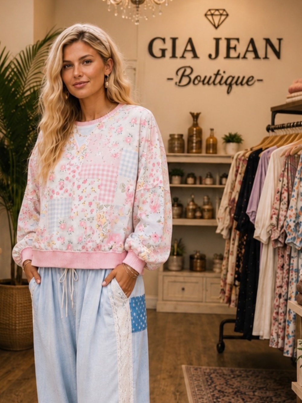 ❤️ GIAJEAN “ MAYA ” GIAJEAN Floral Patchwork Ribbed Long Sleeve Top 88